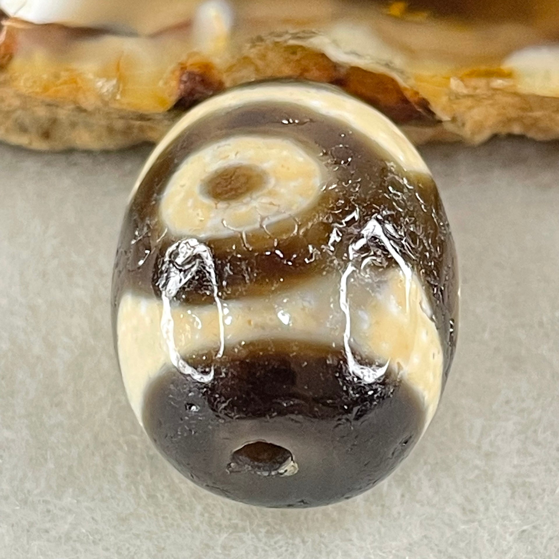 Natural Powerful Tibetan Old Oily Agate 3 Eyes Dzi Bead Heavenly Master (Tian Zhu) 三眼天诛 7.61g 20.1 by 16.1mm - Huangs Jadeite and Jewelry Pte Ltd