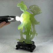 Natural Green Serpentine Fairy with Fan and Flower with Wooden Stand Display 476.2g 130.0 by 70.0 by 225.0mm - Huangs Jadeite and Jewelry Pte Ltd