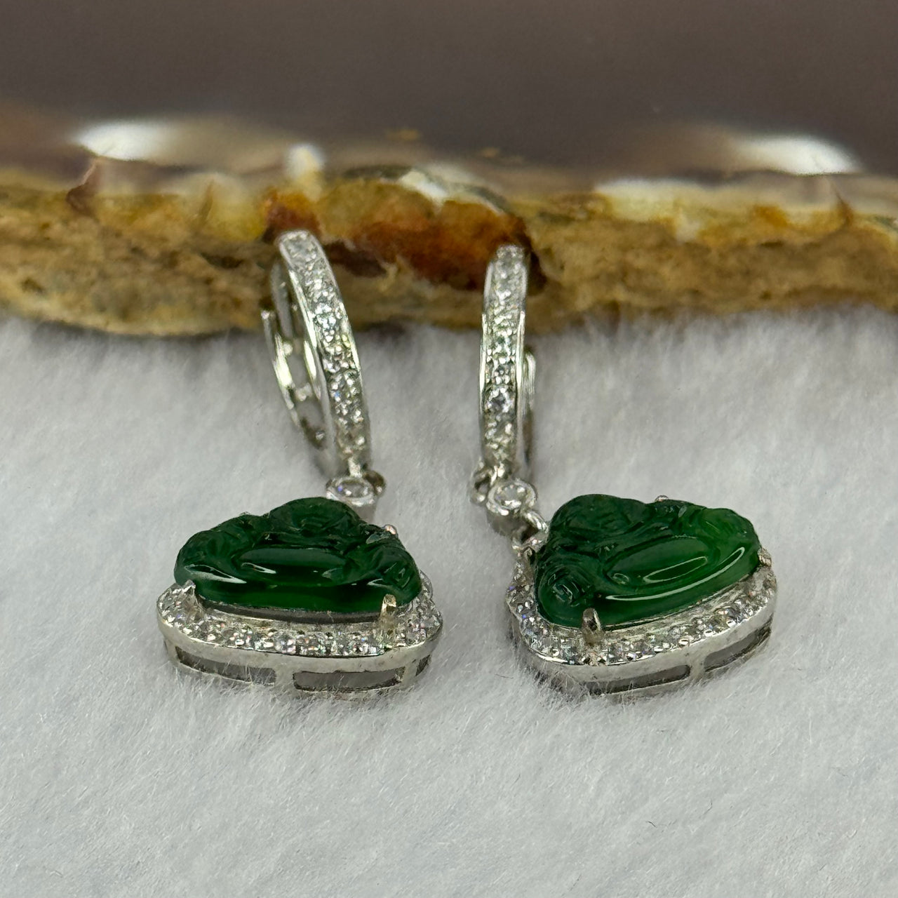 Type A Icy Green Omphasite Jadeite Milo S925 Sliver Earrings 3.64g by 8.7 by 10.6 by 2.5mm  2pcs - Huangs Jadeite and Jewelry Pte Ltd