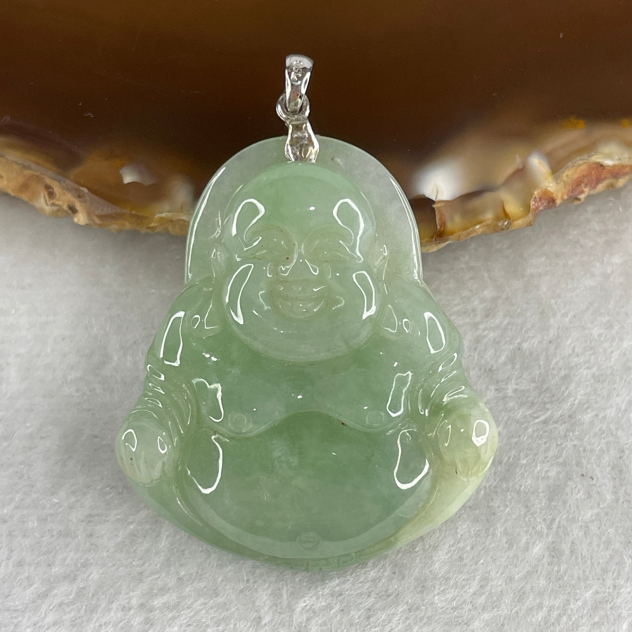 Natural Type A Green with White Patches Jadeite Milo Laughing Buddha with 18K White Gold Clasp Pendant 17.06g 35.8 by 31.2 by 8.7mm