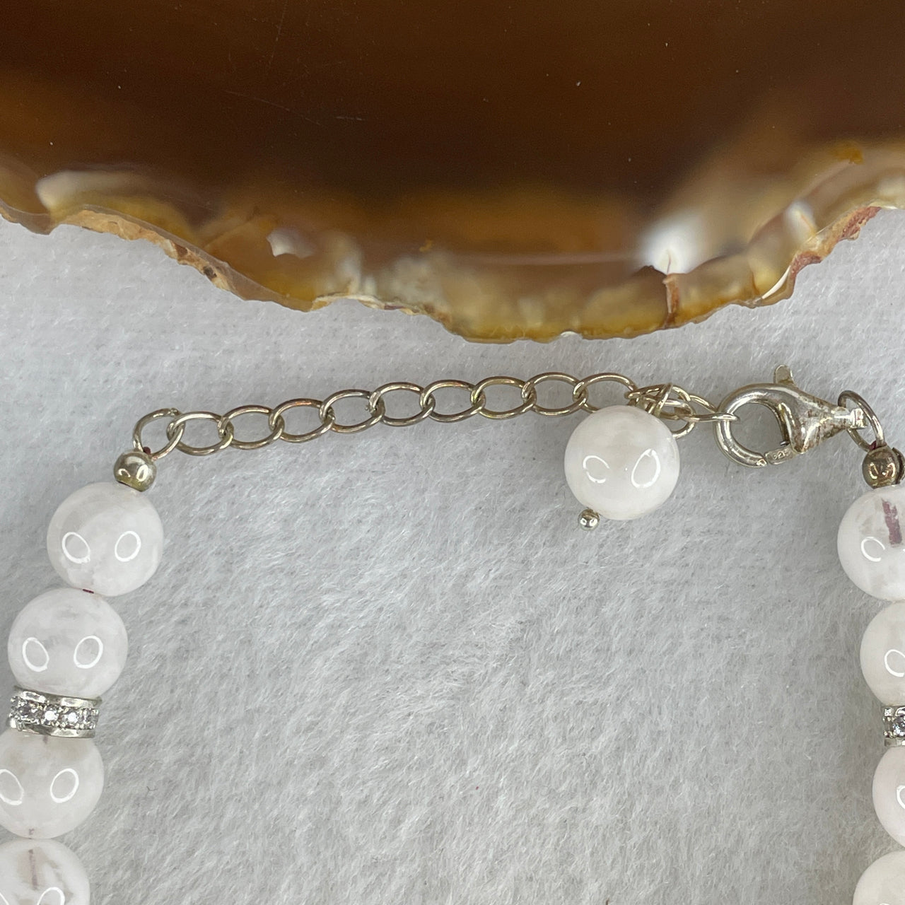 Natural White Quartz & Faux Pearl 12 Beads Bracelet with Pink Agate Nine-Tailed Fox | 14-17cm Adjustable Strand | Luminous Romantic "Nine-Tail Fox" Abundance Amulet (23.14g, 8.4mm)