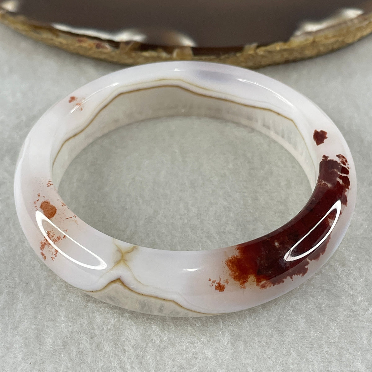 Natural White with Red Flower Agate Bangle 50.12g Inner Diameter 56.0mm 14.0 by 9.0mm - Huangs Jadeite and Jewelry Pte Ltd