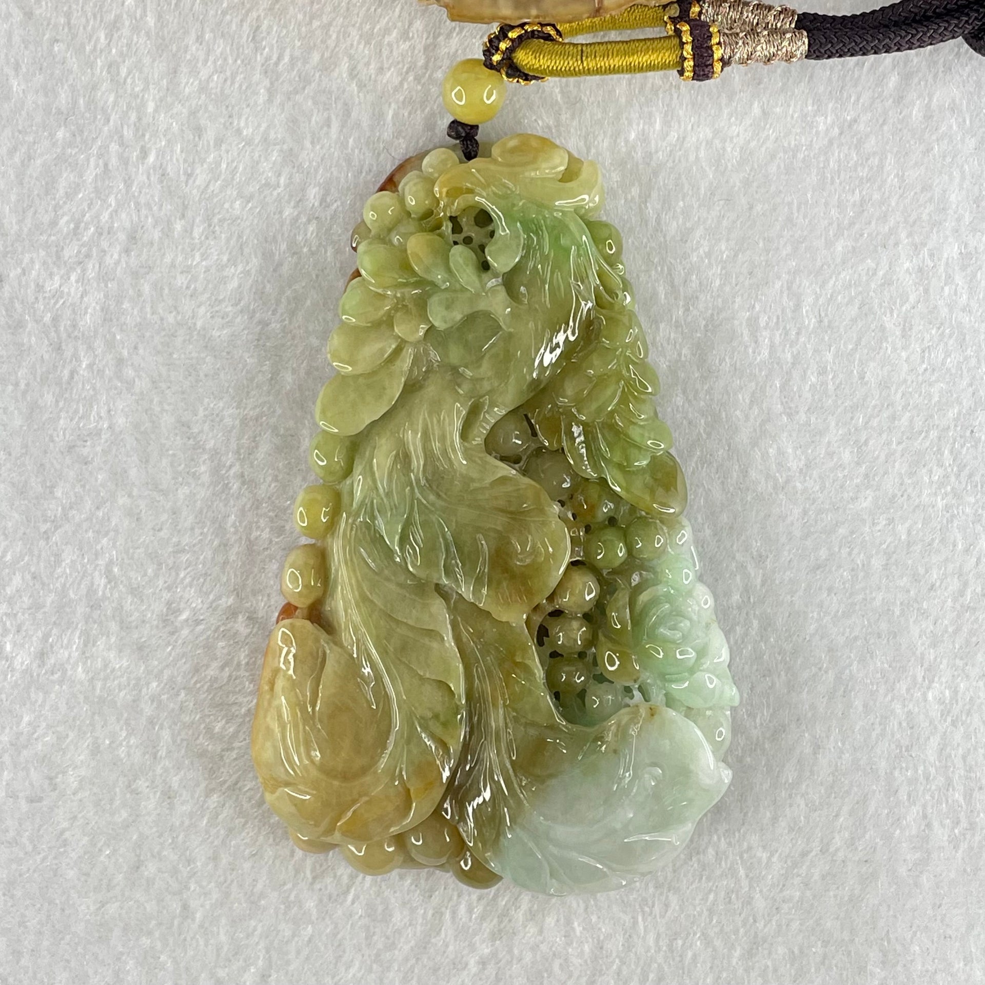 Grandmaster Type A Brownish Green and Faint Lavender Green Jadeite Double Sided Phoenix and Flower Pendant 凤戏牡丹 93.05g 79 by 50.6 by 13mm - Huangs Jadeite and Jewelry Pte Ltd