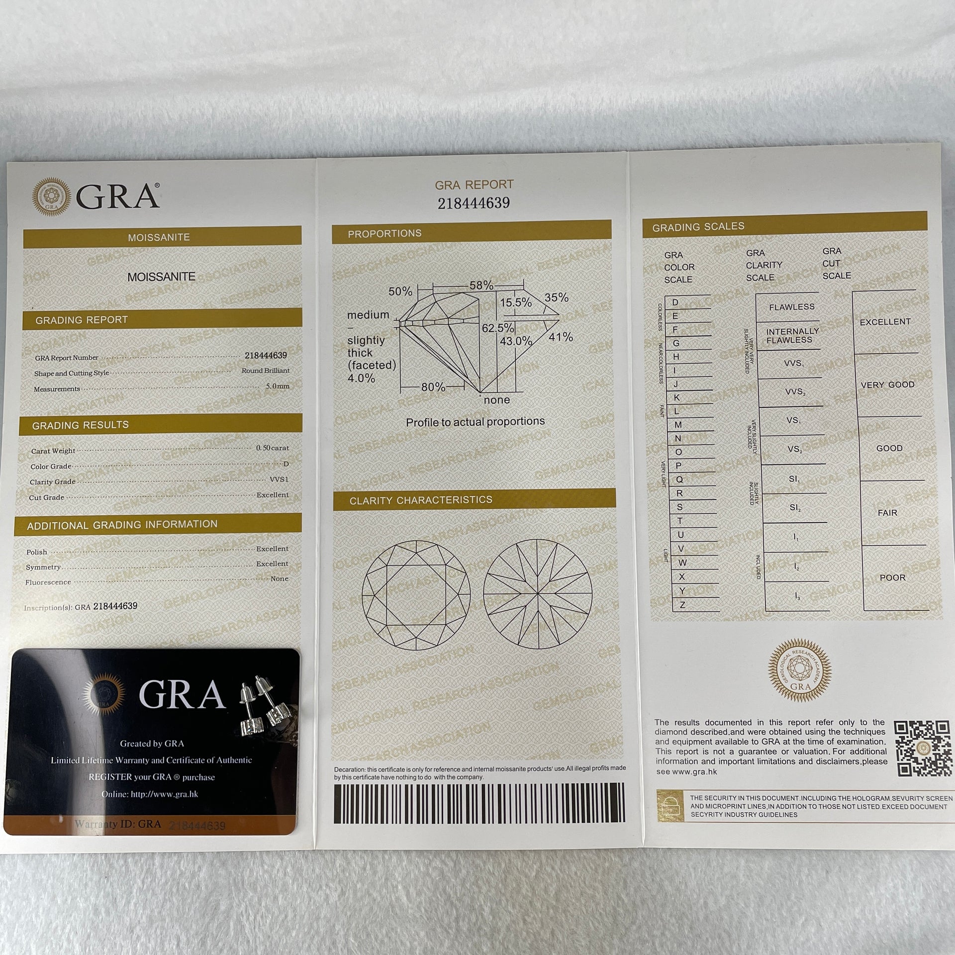 0.5 Ct Colourless Round Brilliant Diameter 5.0mm D VVS1 Excellent Cut Excellent Polish Excellent Symmetry None Florescence Moissanite in S925 Silver Earrings GRA 218444639 - Huangs Jadeite and Jewelry Pte Ltd