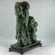 Natural Dark Green Serpentine Shou Xing Gong and Tong Zi and Longevity Peach with Wooden Stand Display 3,091.3g 193.0 by 95.0 by 257.0mm - Huangs Jadeite and Jewelry Pte Ltd