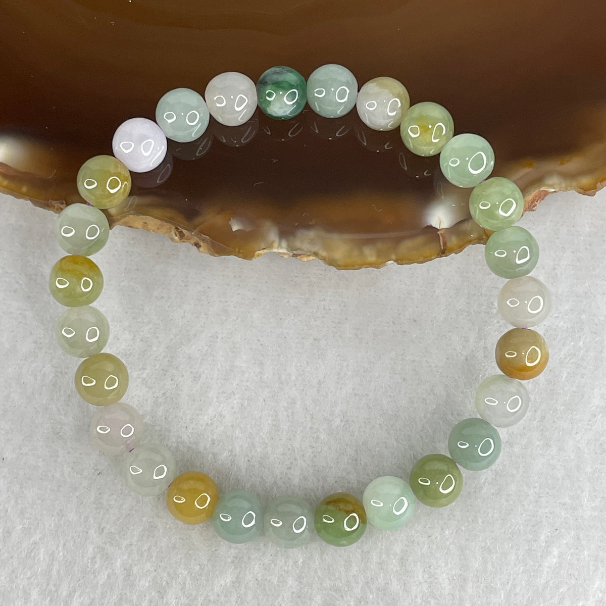 Natural Type A Multi-Color Jadeite Beads Bracelet | 15cm Strand of 27 Matched 6.7mm Beads (14.52g | Saturated Green, Royal Lavender & Golden Yellow | San Cai Wealth & Spiritual Harmony)