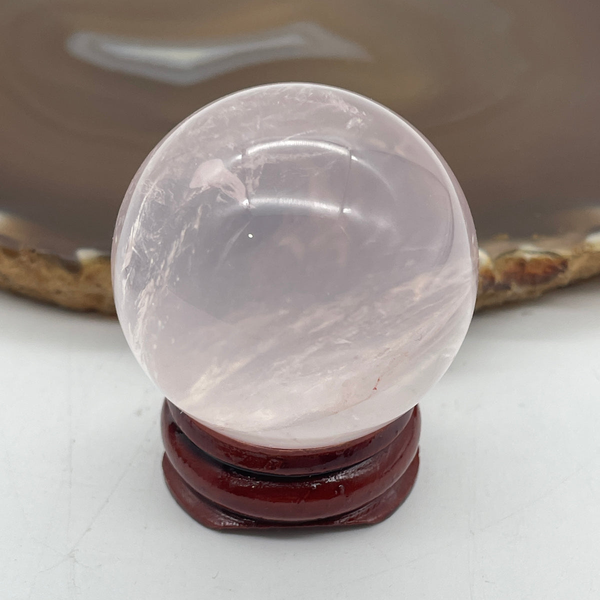 Good Grade Natural Rose Quartz Mini Ball with Wooden Stand Display | (86.29g | 39.0mm | 46.6mm | Catalyst, "Zhao Tao Hua" Love & Interpersonal Charm Magnet, 360° Energy Harmonizer & Feng Shui Prosperity Sphere)