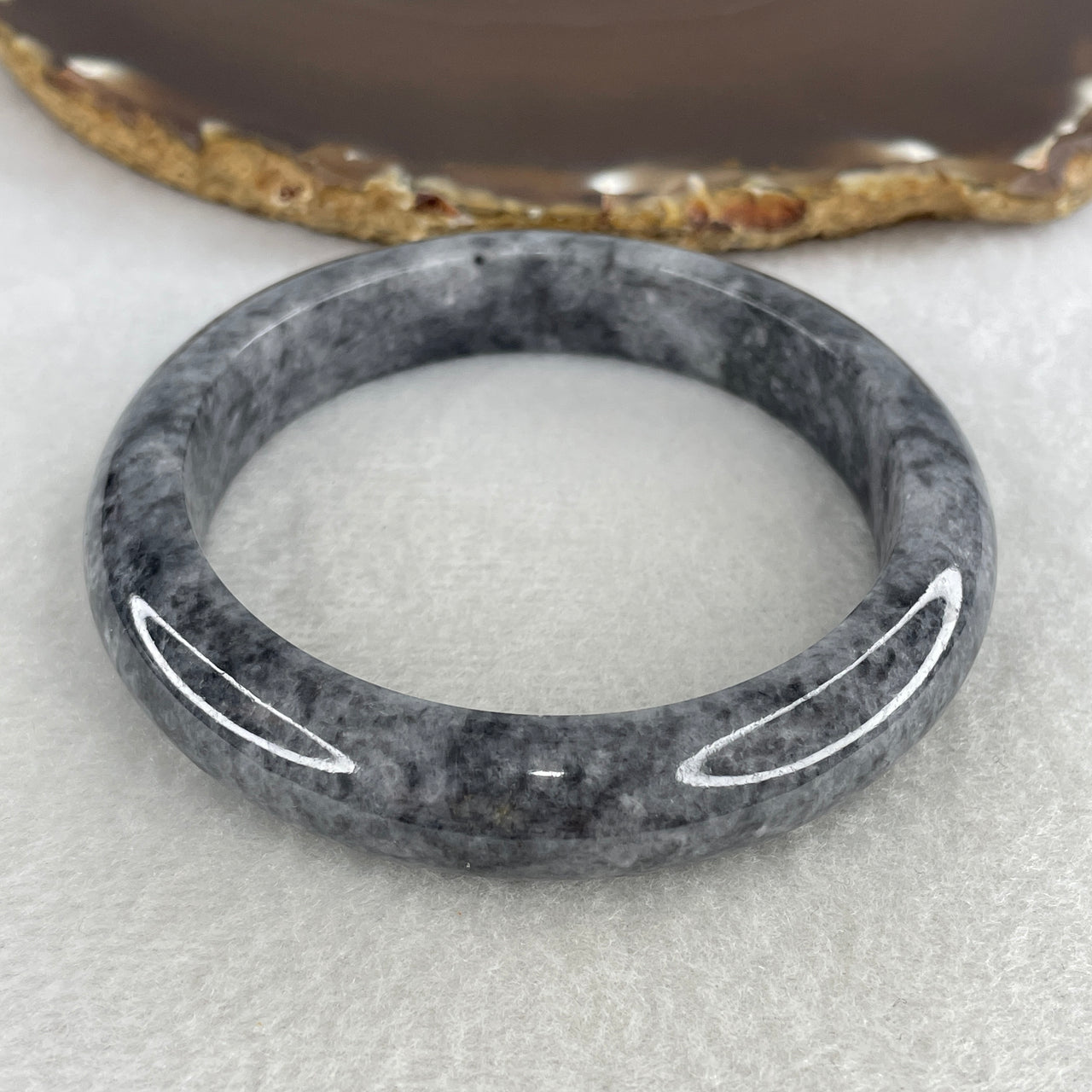 Natural Type A Partial Translucent Jadeite Bangle | 57.8mm Ink-Wash "Wuji" Grey & Midnight Black | "No Visible Line" Premium Substantive Round Wrist Heirloom (61.55g 12.7x9.3mm)