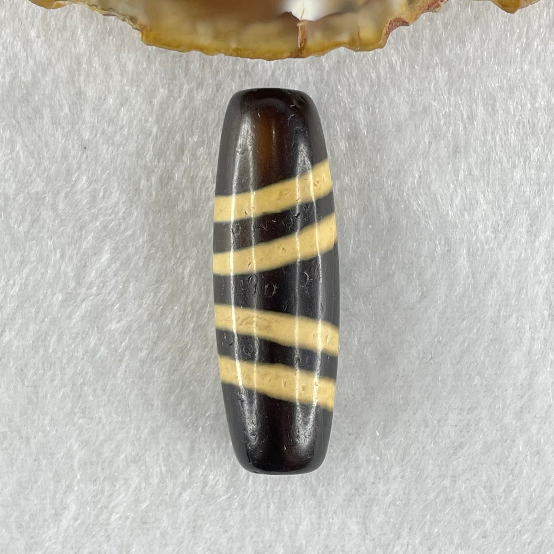 Natural Powerful Tibetan Old Oily Black with Yellowish White Agate 4 Lines Bead Heavenly Master (Tian Zhu) 10.29g 39.2 by 13.0mm - Huangs Jadeite and Jewelry Pte Ltd