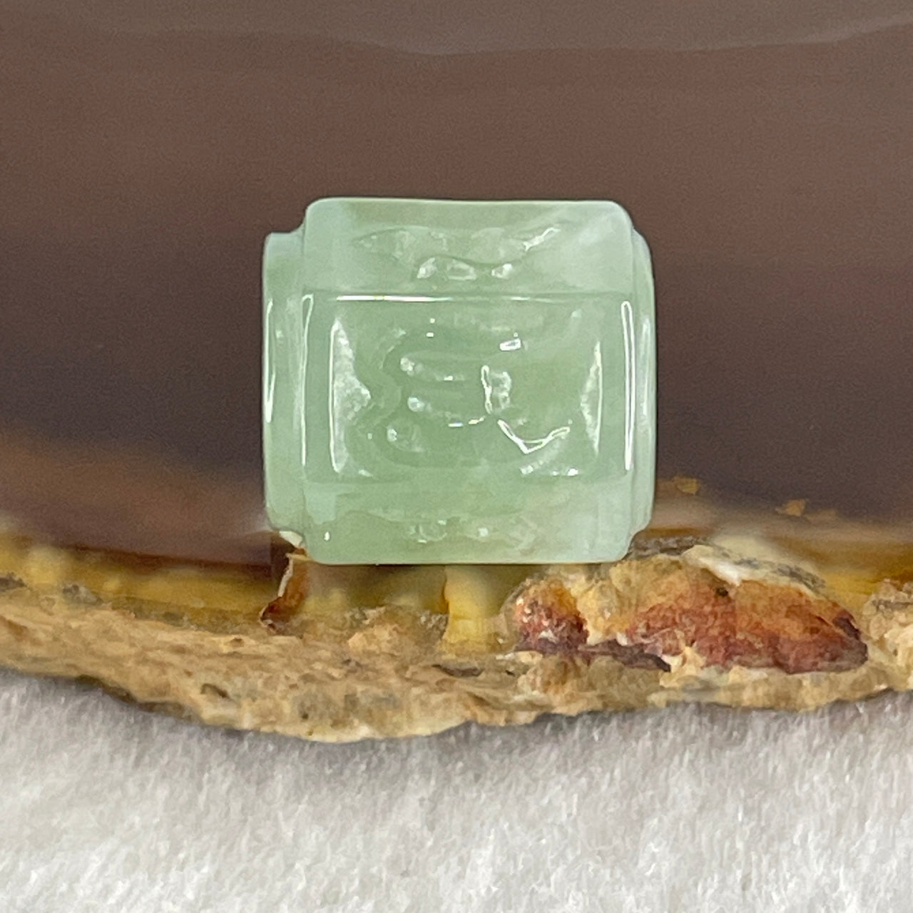 Natural Type A Jelly Light Green Jadeite Om Mani Padme Hum Lulutong Charm 4.85g 14.1 by 12.5mm - Huangs Jadeite and Jewelry Pte Ltd