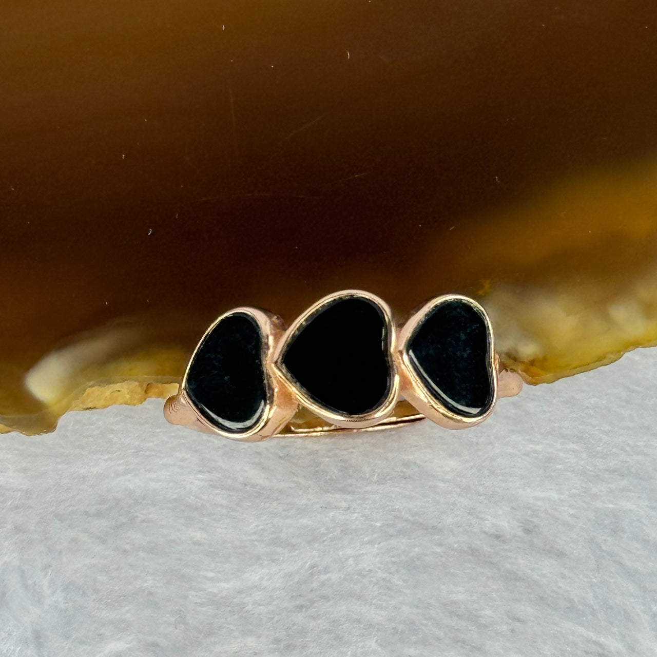 Type A Translucent Black Omphasite Jadeite Triple Heart in S925 Sliver Rose Gold Color Ring (Adjustable Size) 1.55g 6.7 by 7.0 by 1.5mm 3pcs - Huangs Jadeite and Jewelry Pte Ltd
