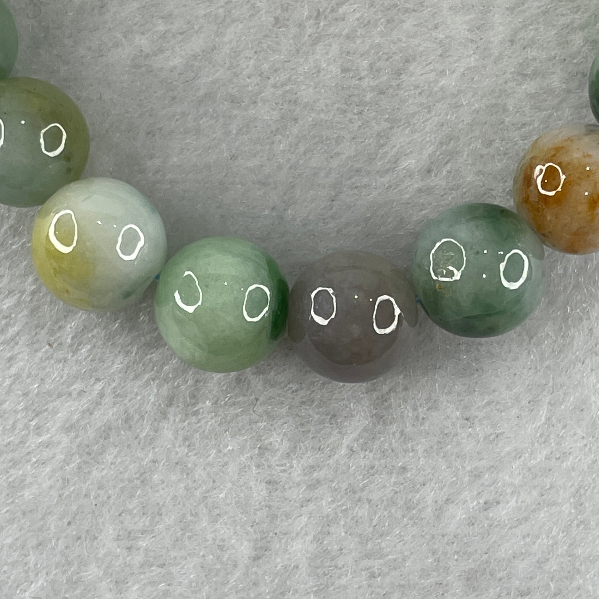 Natural Type A Multi Tone Green with Yellow and Lavender Jadeite Round Shape Beads Bracelet 31.76g 16cm 9.9mm 21 Beads - Huangs Jadeite and Jewelry Pte Ltd