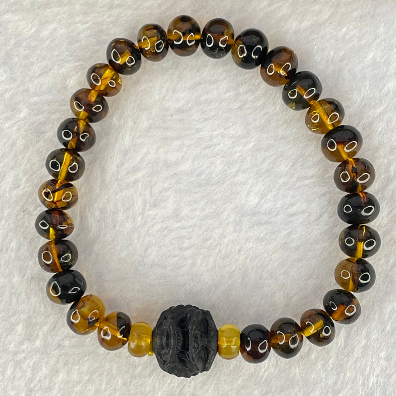Natural Dark Brownish Yellow Flower Amber Beads Bracelet 天然抚顺金珀手链 7.13g 15.5cm 7.9mm 29 Beads - Huangs Jadeite and Jewelry Pte Ltd