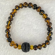 Natural Dark Brownish Yellow Flower Amber Beads Bracelet 天然抚顺金珀手链 7.13g 15.5cm 7.9mm 29 Beads - Huangs Jadeite and Jewelry Pte Ltd
