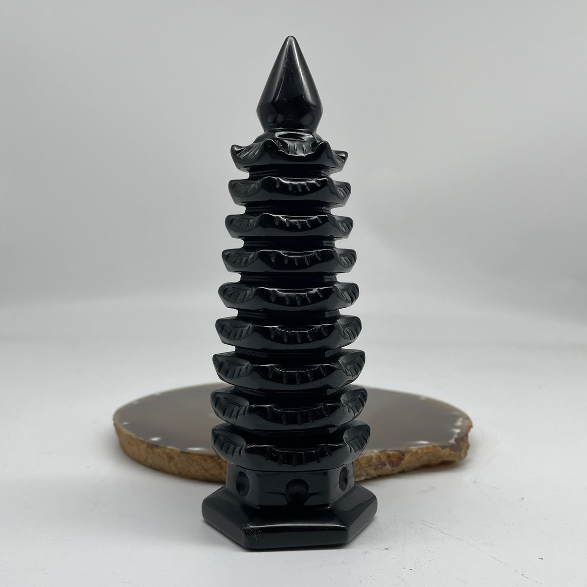 Natural Black Obsidian Pagoda Display | (357.01g | 56.6 x 50.1 x 153.0mm | Catalyst, "Wen Chang" Academic Excellence & Career Promotion Anchor, Traditional Spatial Shielding Specimen)