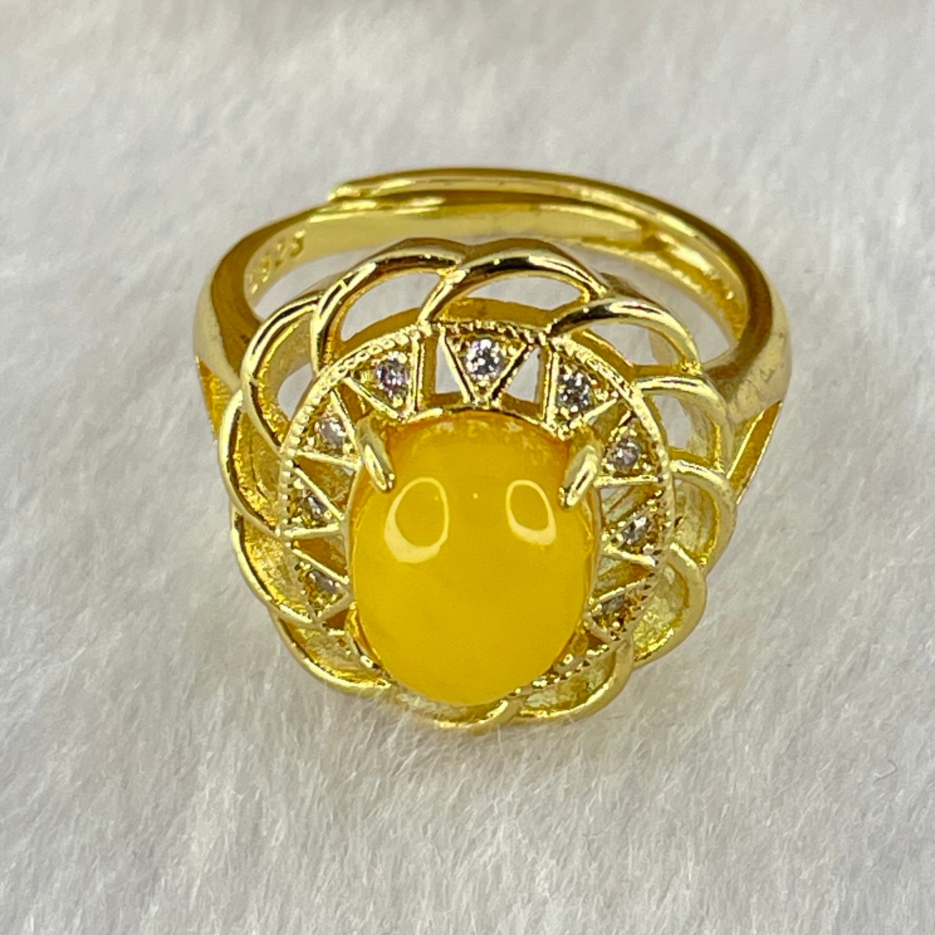 Natural Butterscotch Amber With Crystals in S925 Sliver Gold Color Ring (Adjustable Size) 3.68g 9.6 by 7.2 by 6.0mm - Huangs Jadeite and Jewelry Pte Ltd