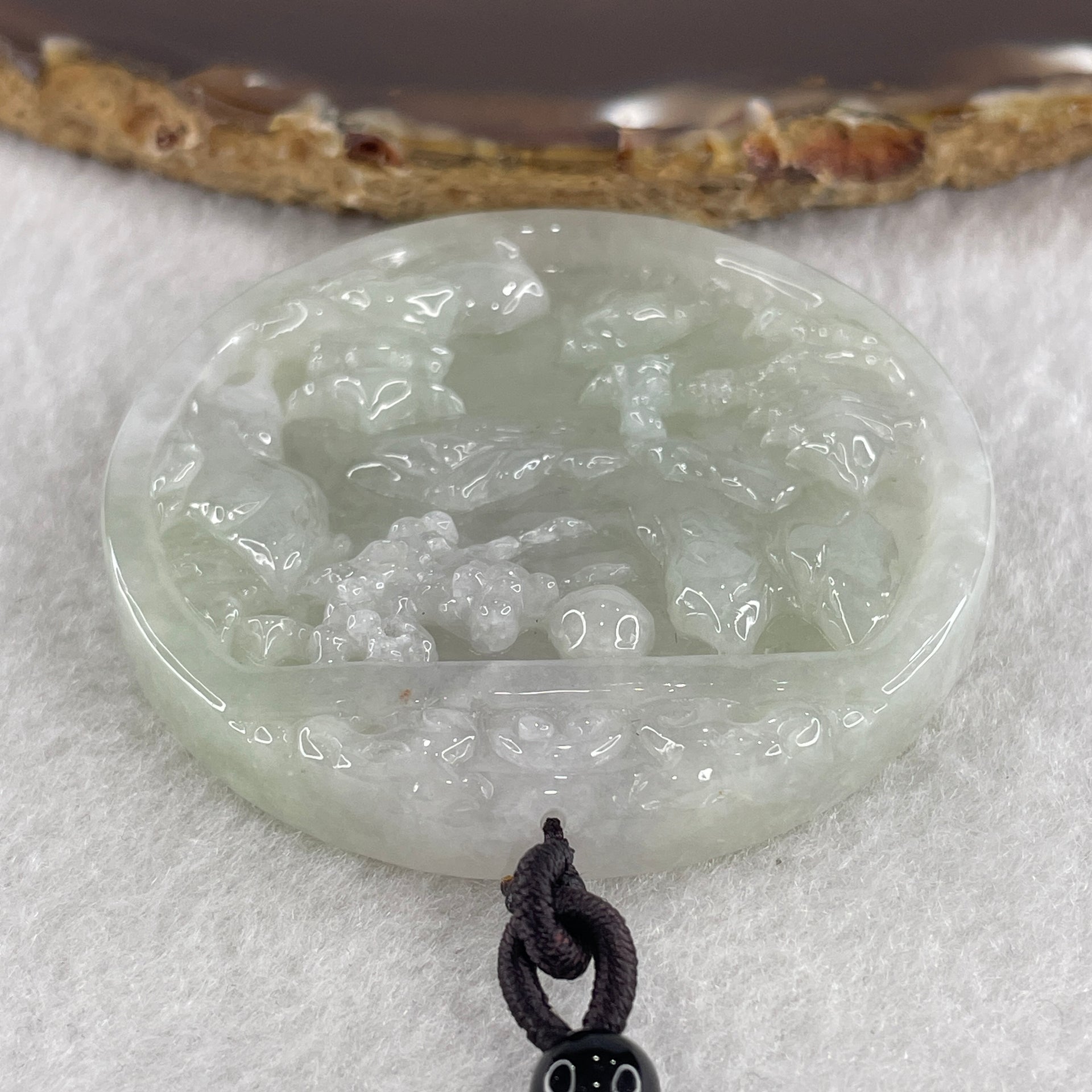 Natural Type A Light Green with Faint Lavender Jadeite Shan Shui with Guiren Benefactor Pendant 56.64g 54.1 by 9.2mm - Huangs Jadeite and Jewelry Pte Ltd