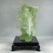 Natural Green Serpentine 3 Phoenix on Tree with Wooden Stand Display 1,022.5g 175.0 by 150.0 by 245.0mm - Huangs Jadeite and Jewelry Pte Ltd