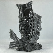 Natural Dark Green Serpentine Carp Fish with Wooden Stand Display 1,119.0g 175.0 by 100.0 by 240.0mm - Huangs Jadeite and Jewelry Pte Ltd