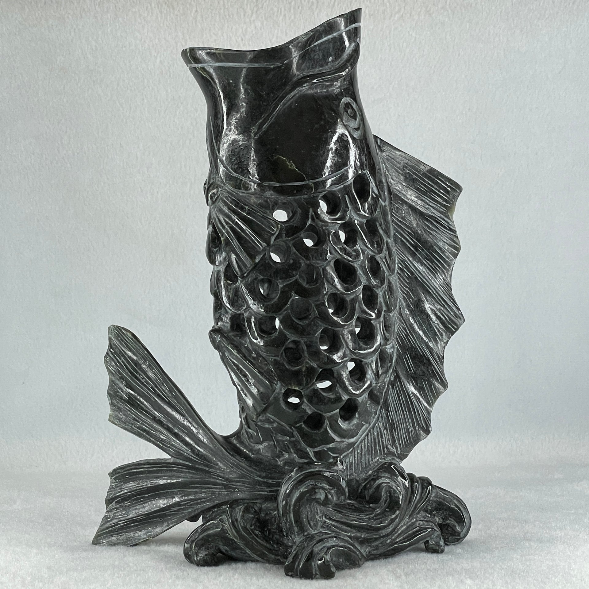 Natural Dark Green Serpentine Carp Fish with Wooden Stand Display 1,119.0g 175.0 by 100.0 by 240.0mm - Huangs Jadeite and Jewelry Pte Ltd