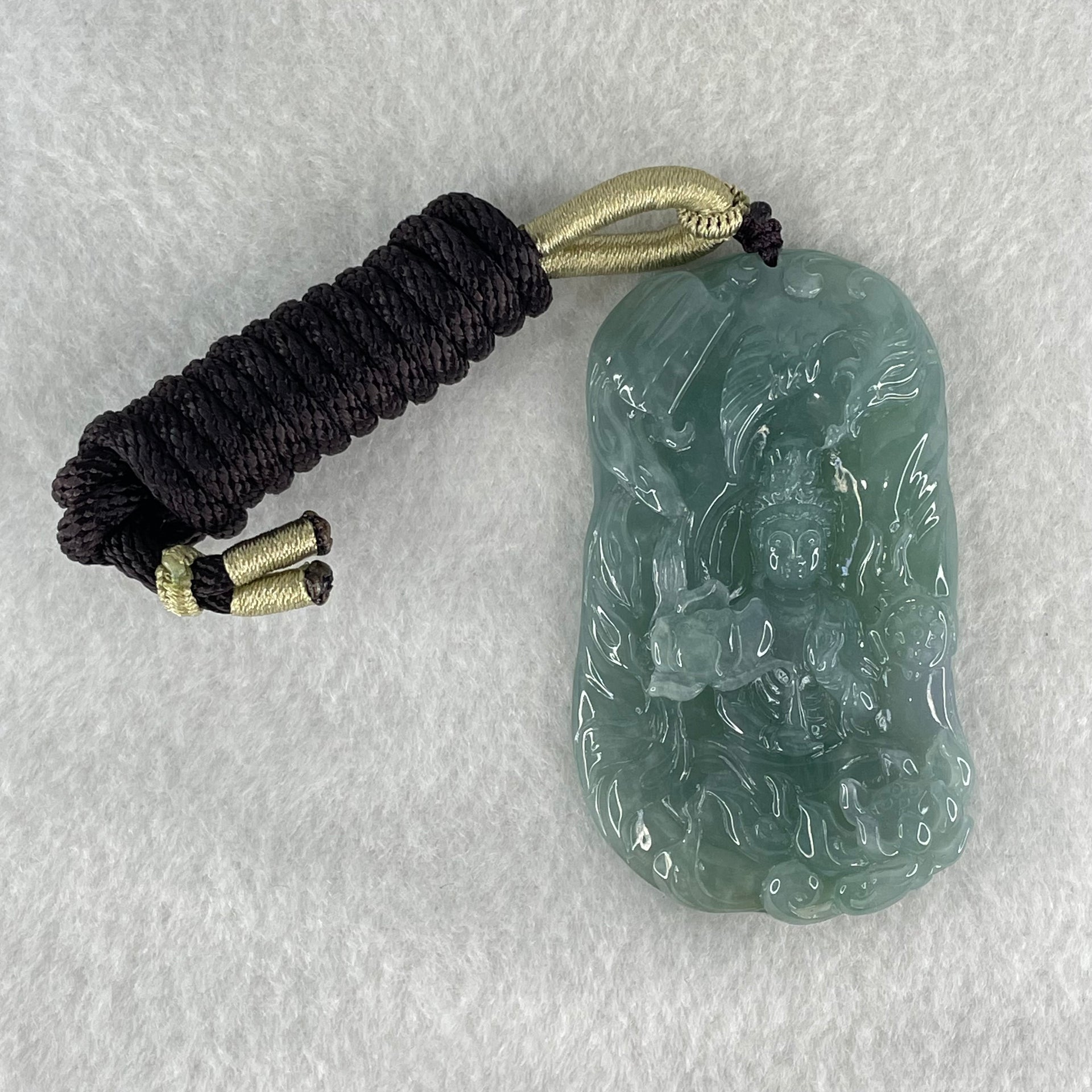 Type A Semi Icy Light Blueish Green Jadeite Guan Yin with Lotus Flower and Phoenix Pendant 40.71g 61.8 by 36.9 by 8.6mm - Huangs Jadeite and Jewelry Pte Ltd