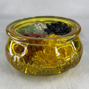 Yellow Liuli Wealth Pot with Five Element Crystal Fragment (Clear Quartz, Black Obsidian, Red Jasper, Citrine, Serpentine) with Wooden Stand Display Total Weight 1,03.48g 118.3 by 62.5mm - Huangs Jadeite and Jewelry Pte Ltd