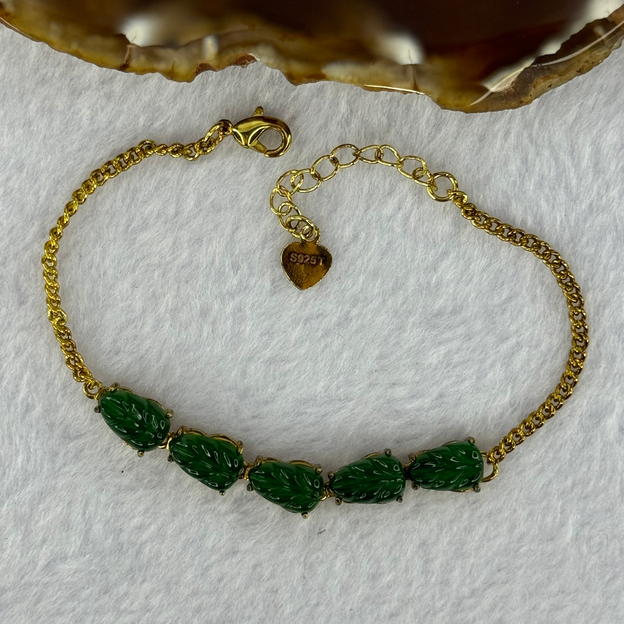 Type A Icy Dark Green Omphasite Jadeite Leaves in S925 Sliver Gold Color Necklace 4.51g 9.6 by 6.6 by 2.5mm 5pcs - Huangs Jadeite and Jewelry Pte Ltd