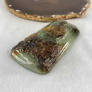 Type A Blueish Green with Brown Jadeite Samantabhadra Bodhisattva Guan Yin on Elephant and Shan Shui Pendant 188.54g with Wooden Stand Display Total 530.1g 122.5 by 91.0 by 156.0mm - Huangs Jadeite and Jewelry Pte Ltd