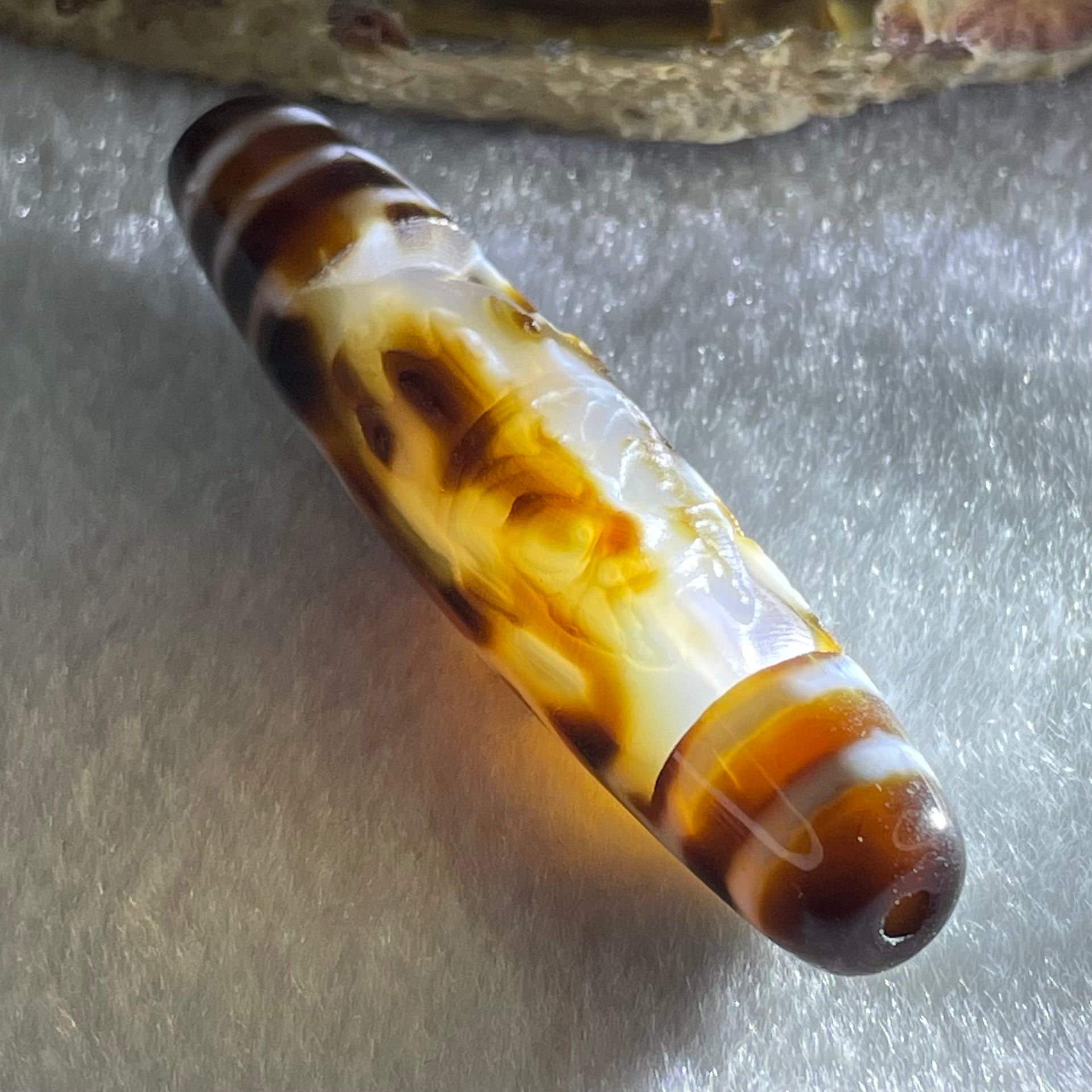 Natural Powerful Tibetan Old Oily Agate 4 Eyes with Zha Ji La Mu Female Cai Shen Carvings Dzi Bead Heavenly Master (Tian Zhu) 四眼扎基拉姆女财神天诛 13.03g 57.9 by 13.0mm - Huangs Jadeite and Jewelry Pte Ltd