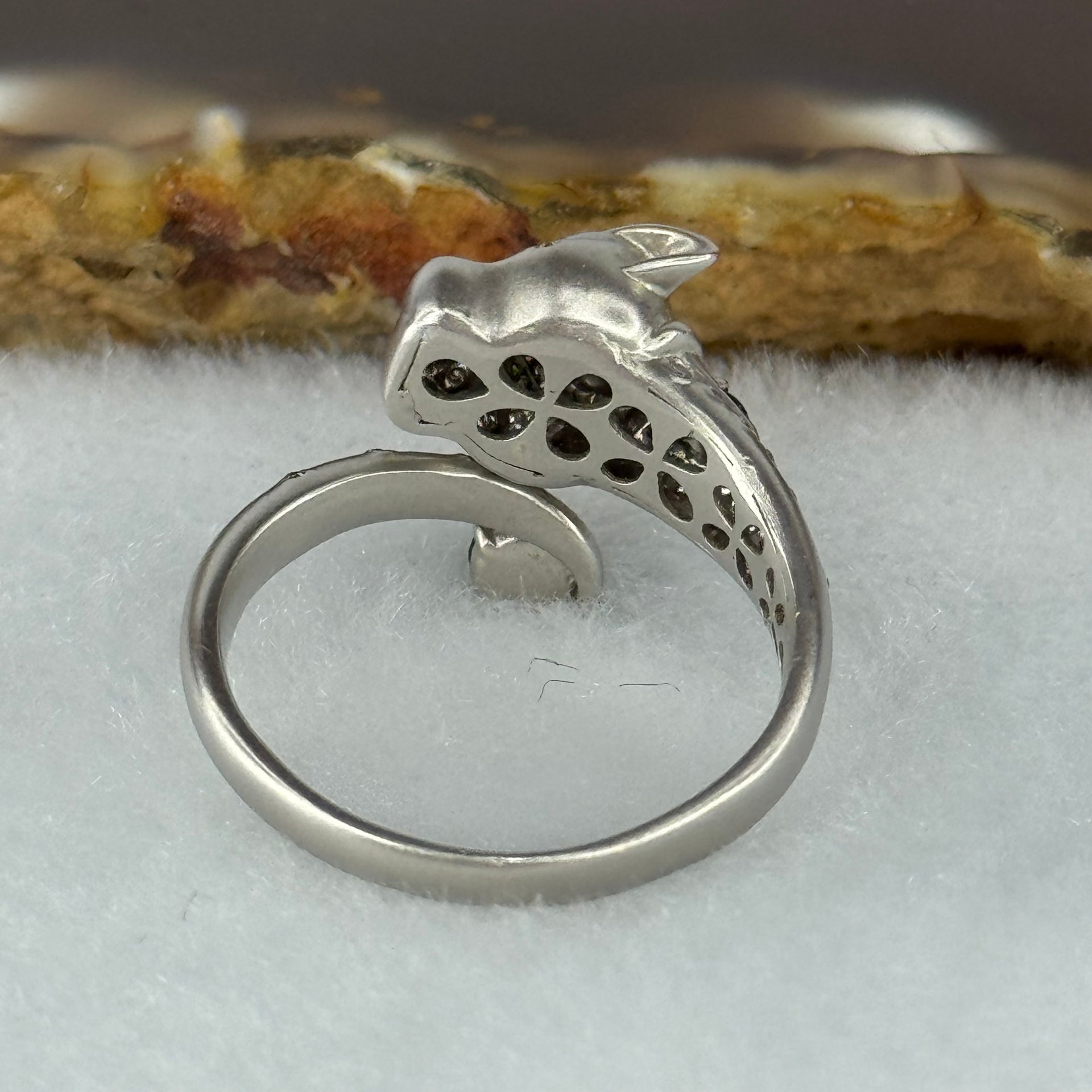 Type A Burmese Full Spicy Green Jade Jadeite Leopard 18K White Gold Ring with Diamonds 3.36g US6.75 HK15 Inner Dia 17.4mm - Huangs Jadeite and Jewelry Pte Ltd