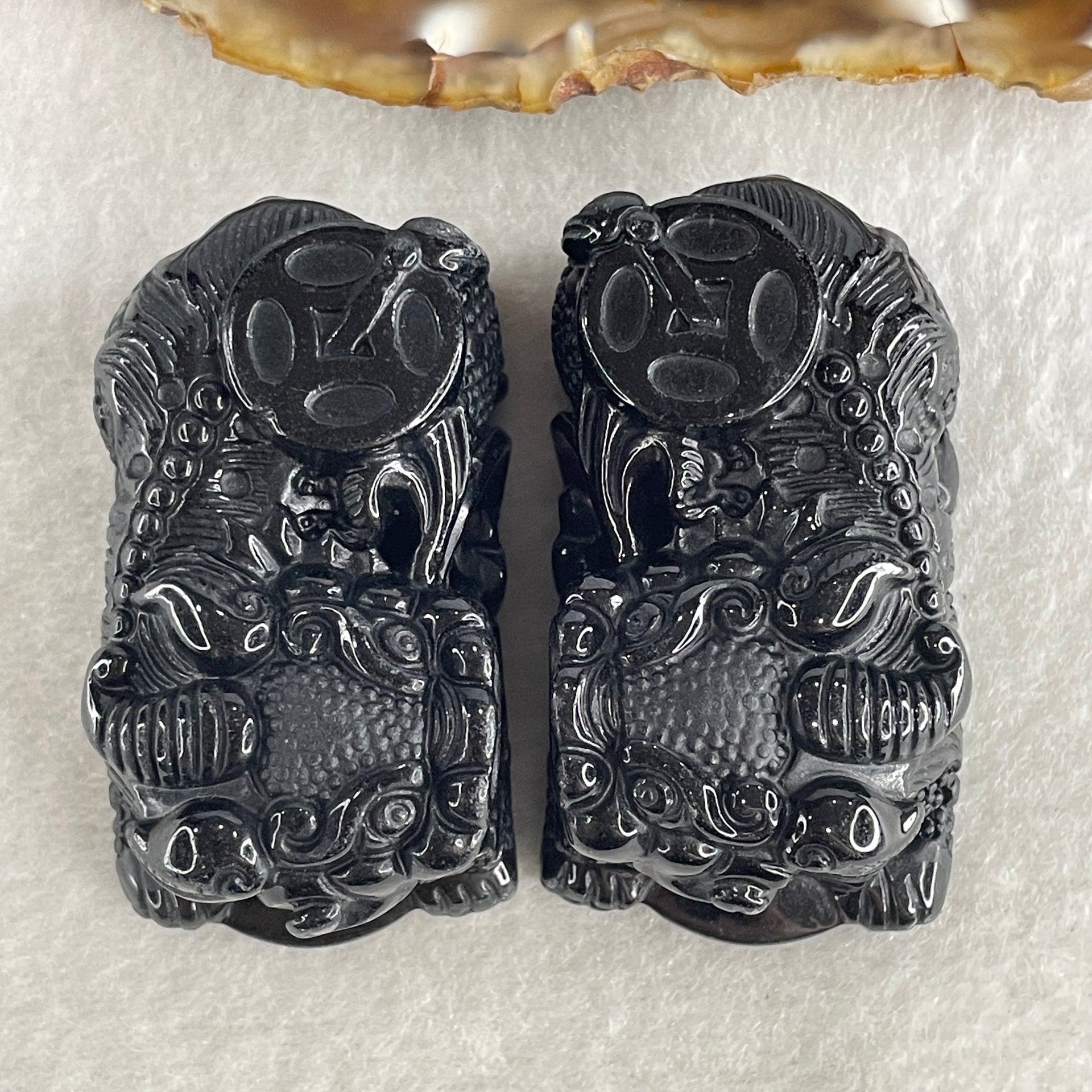 Certified Natural Type A Black Omphacite Jadeite Pixiu pair Pendant Each About 62.82g 49.5 by 28.0 by 21.6mm And 58.24g 50.2 by 28.5 by 19.9mm - Huangs Jadeite and Jewelry Pte Ltd