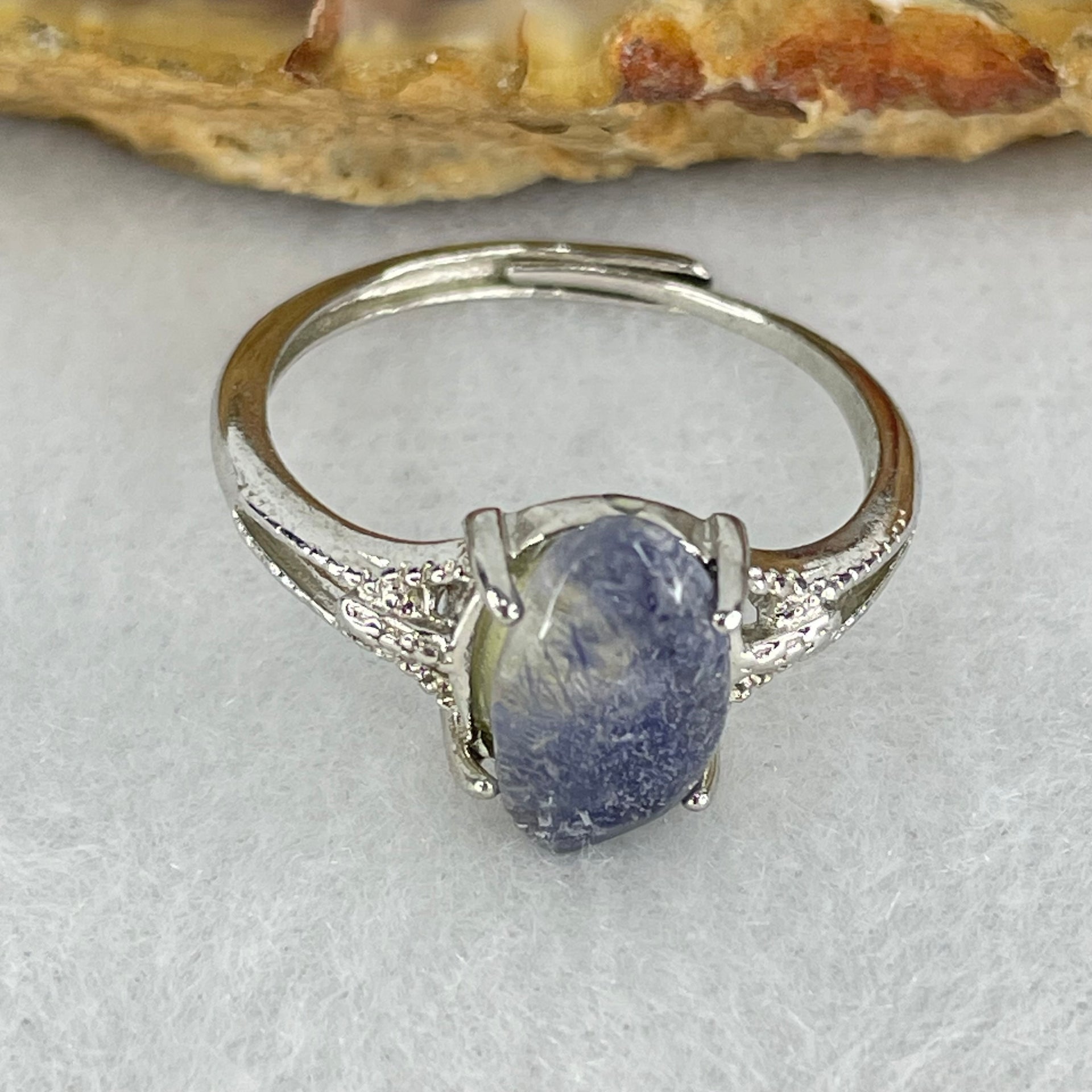 Rare Above Average Natural Blue Dumortierite Rutilated Quartz in S925 Sliver Ring (Adjustable Size) 1.54g 11.0 by 6.2 by 3.0mm - Huangs Jadeite and Jewelry Pte Ltd