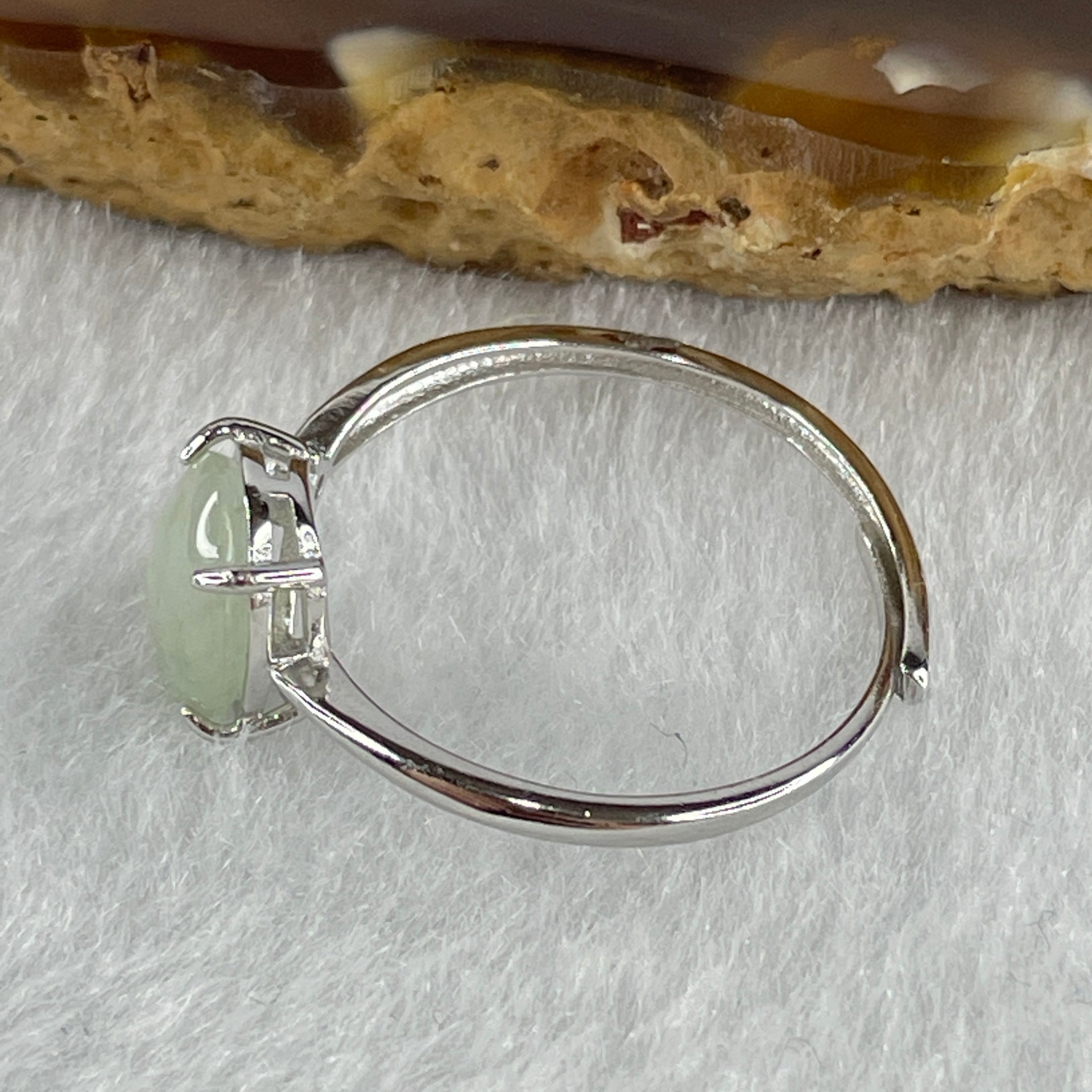 Natural Type A Semi Icy Faint Green Jadeite Oval Shape Cabouchon in S925 Silver Ring (Adjustable Size) 1.18g 8.8 by 6.4 by 3.0mm - Huangs Jadeite and Jewelry Pte Ltd