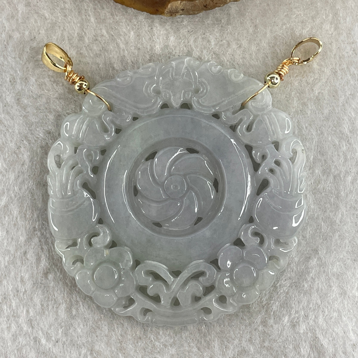 Natural Type A Green Jadeite Flower, Bat & Hulu Pendant in Intricate Hollow Carving | Blessing, Longevity & Good Fortune Talisman (19.17g | 47.4mm) - Huangs Jadeite and Jewelry Pte Ltd