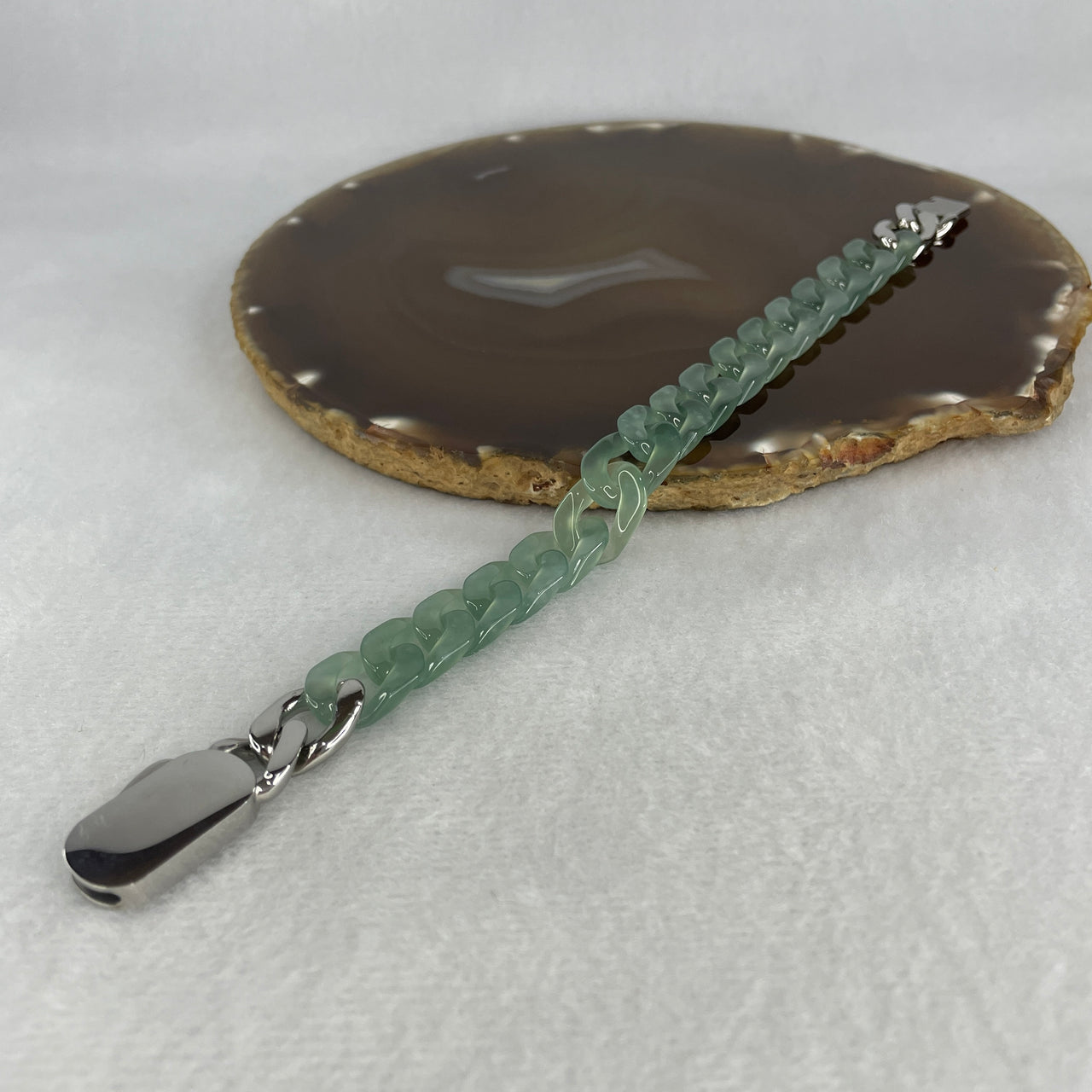 Certified Natural Type A Icy Light Blueish Green Jadeite Cuban Tennis Bracelet with Sliver Color Clasp 25.44g Up to 18cm 11.7 by 3.4mm 16 Pcs