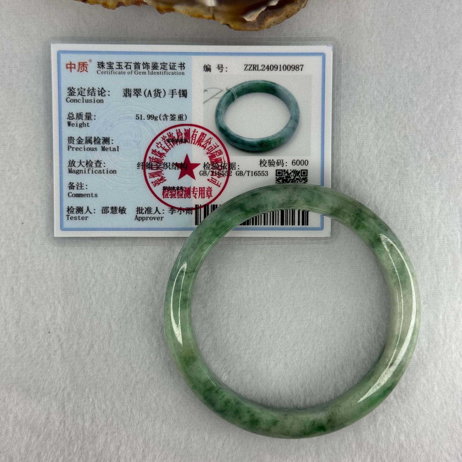 Type A Green with Emerald Green Piao Hua Jadeite Bangle Internal Diameter 57.2mm 51.99g 12.5 by 8.2mm (Very Slight Internal Lines) - Huangs Jadeite and Jewelry Pte Ltd