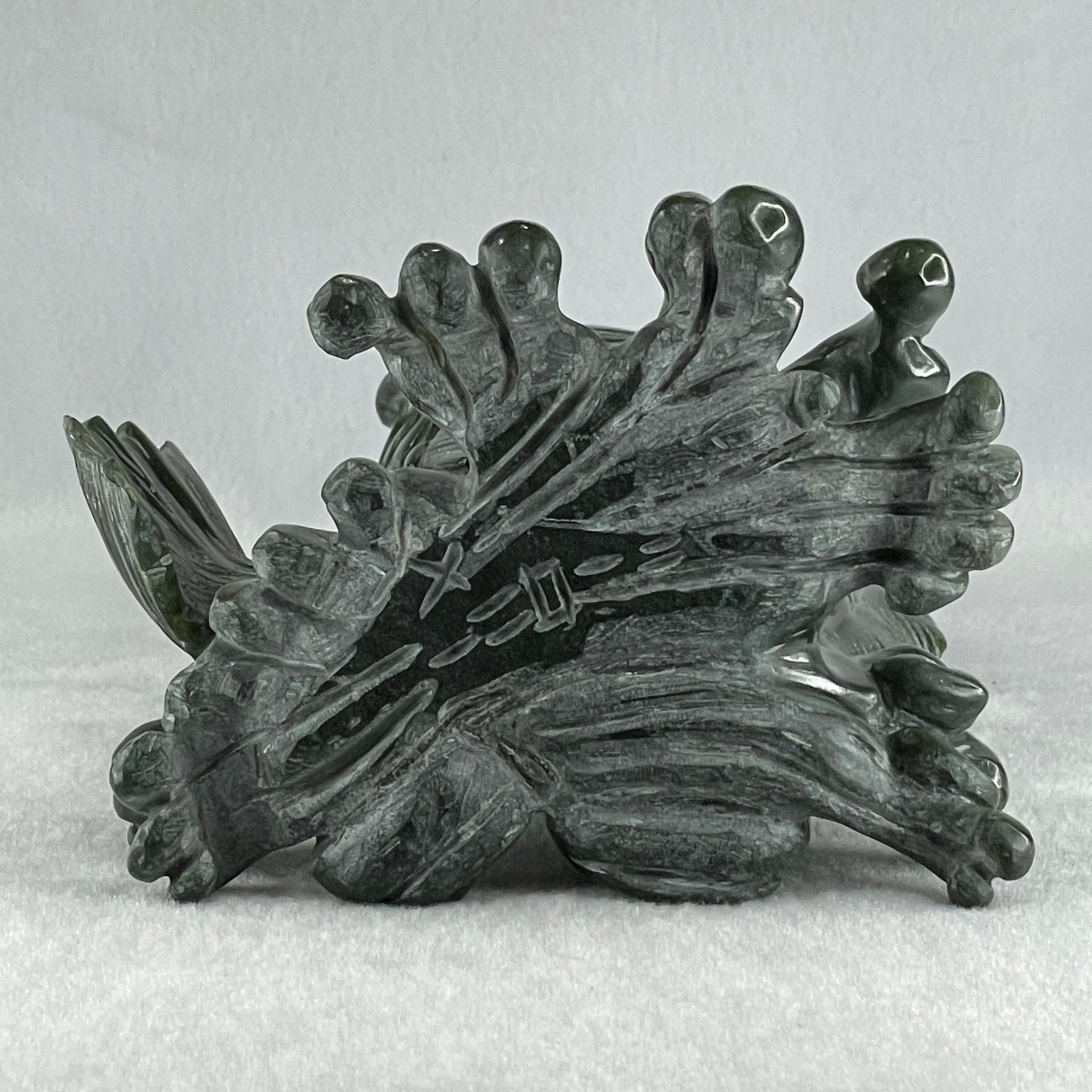 Natural Dark Green Serpentine Carp Fish with Wooden Stand Display 1,215.0g 160.0 by 120.0 by 230.0mm - Huangs Jadeite and Jewelry Pte Ltd