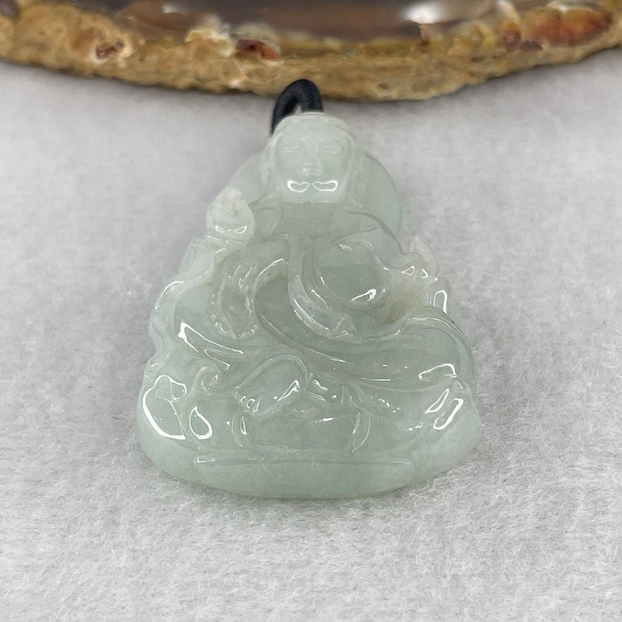 Natural Type A Jadeite Guan Yin Pendant – Jelly Faint Green Jade Symbol of Protection, Peace & Prosperity 25.28g 46.9 by 29.1 by 11.7mm