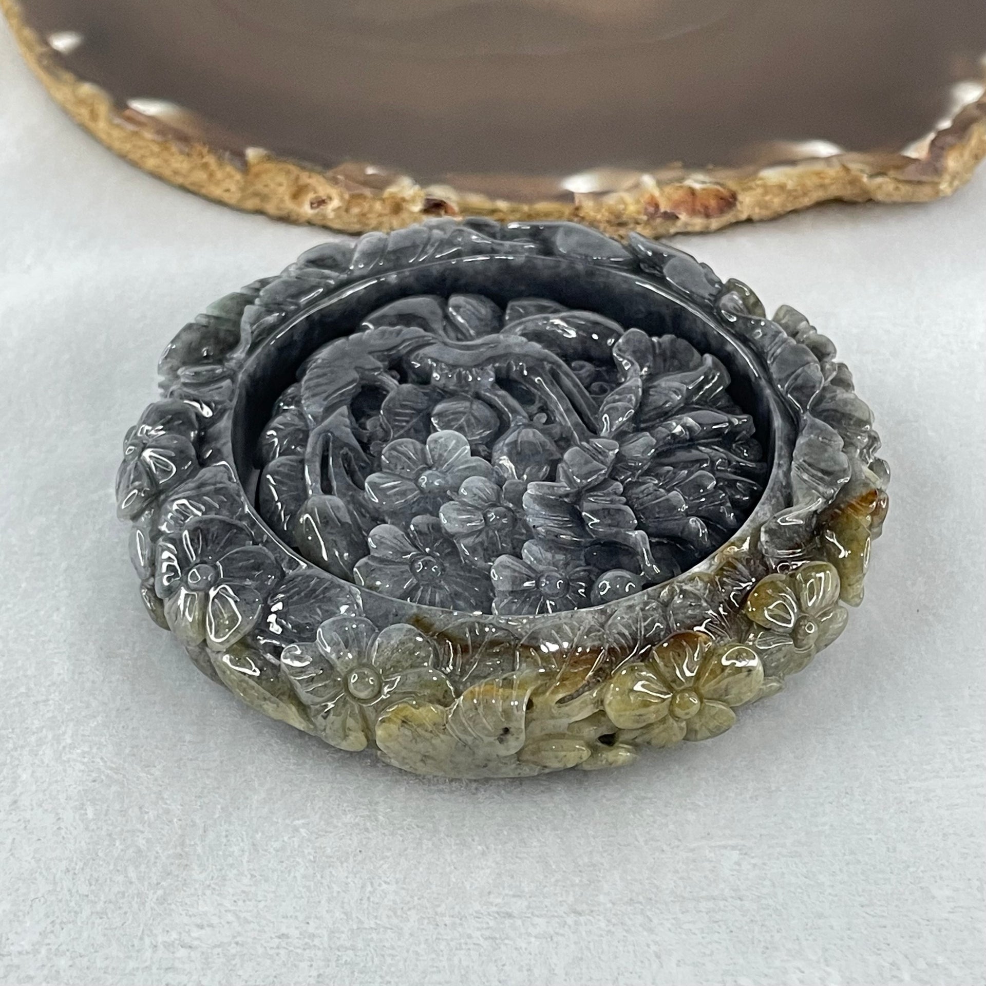 Type A Wuji Grey with Brown Jadeite Bird with Prosperity Flowers and Ruyi Bangle Inner Diameter 58.4mm 14.1 by 13.5mm and Pendant 56.5 by 14.4mm Total Weight 192.46g - Huangs Jadeite and Jewelry Pte Ltd