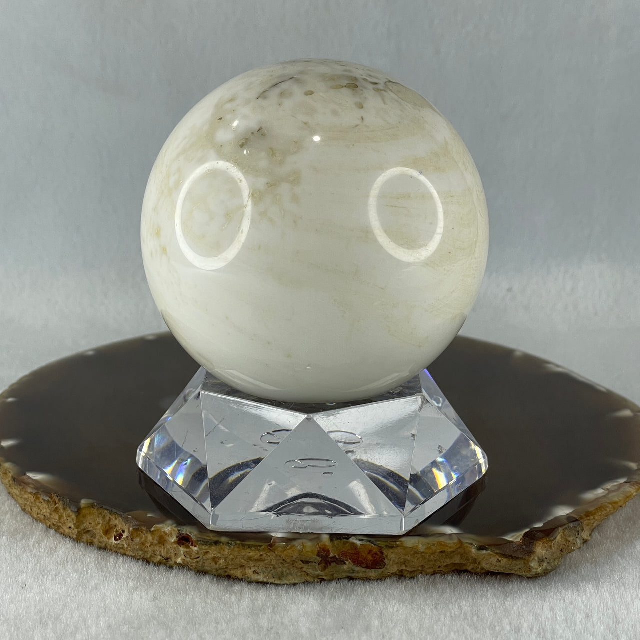 Natural White with Yellow Calcite Sphere Ball with Acrylic Display 578.5g 71.4 by 86.5mm - Huangs Jadeite and Jewelry Pte Ltd