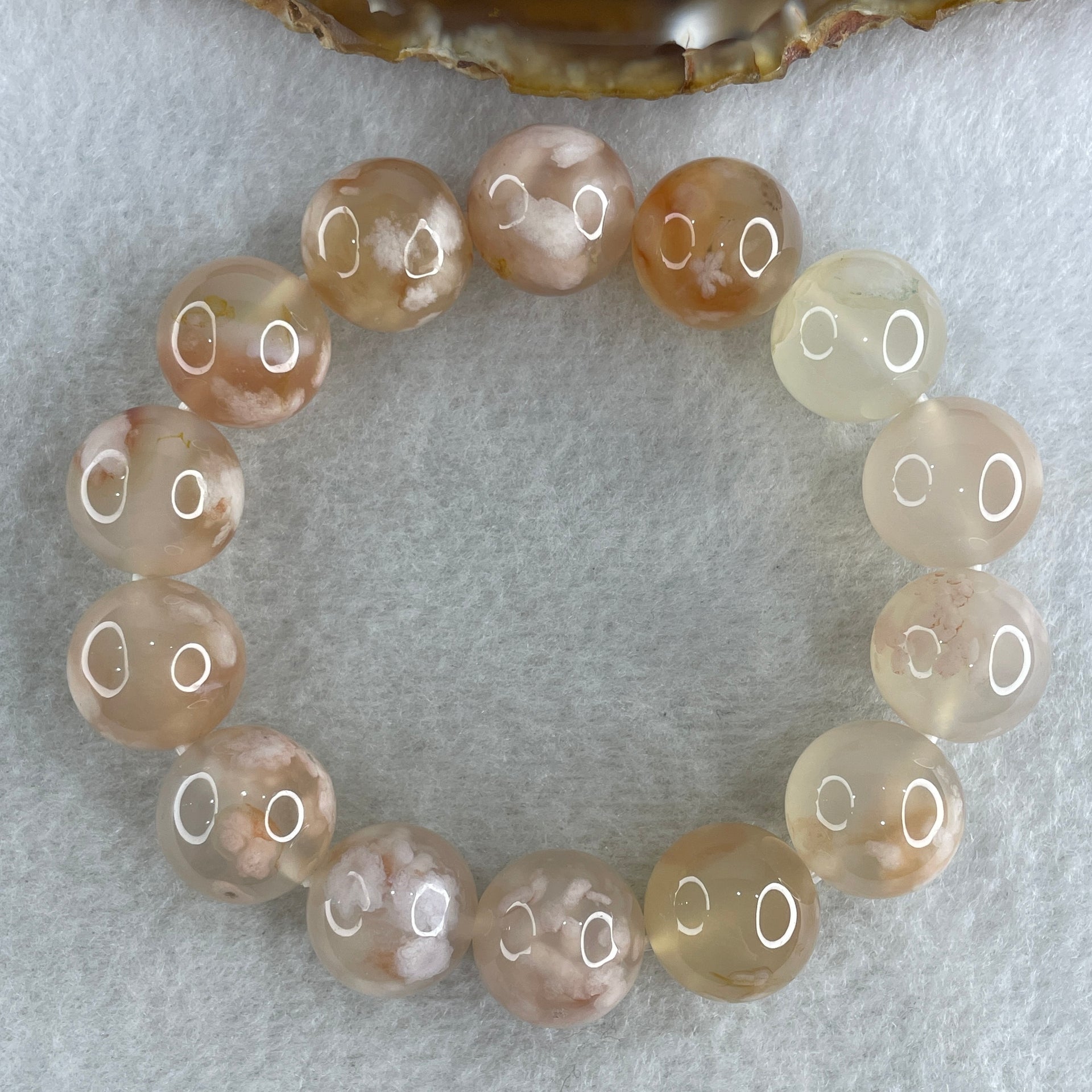 Natural Pinkis Flower Agate Beads Bracelet 59.40g 16cm 14.7mm 14 Beads - Huangs Jadeite and Jewelry Pte Ltd