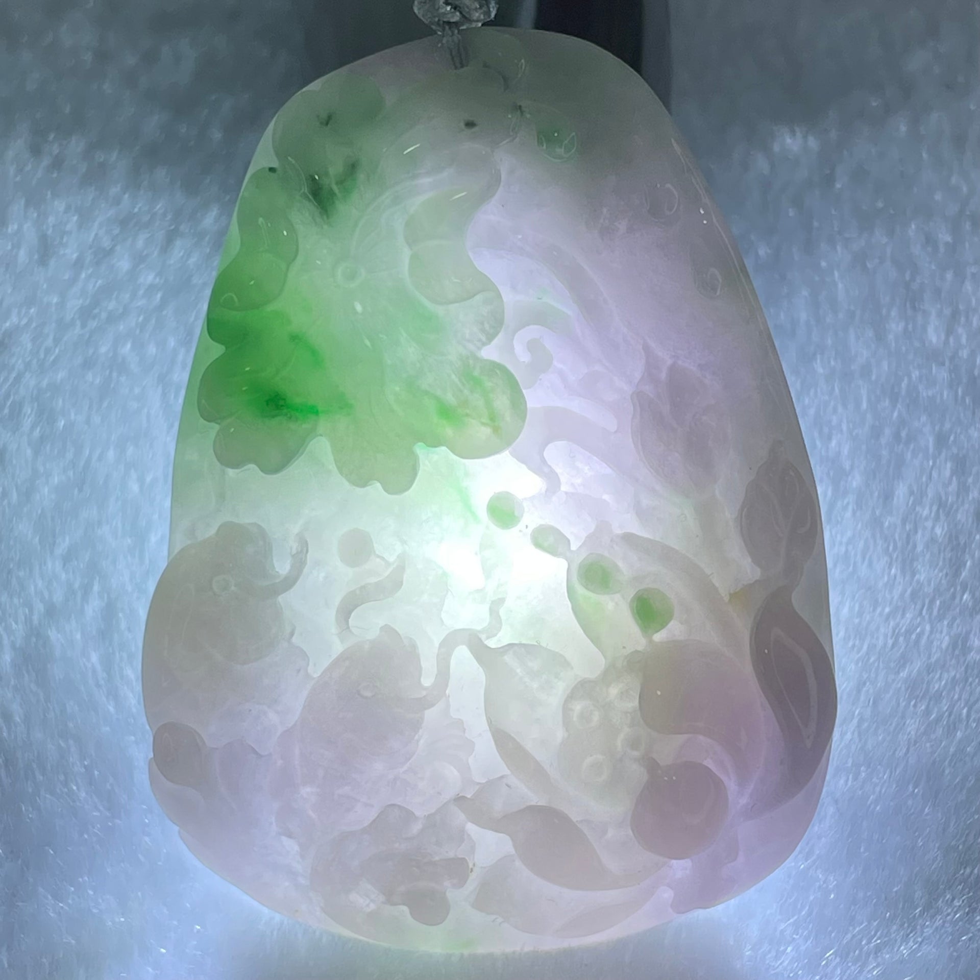 Type A Lavender with Spicy Green Patches Jadeite Lotus Flower and Double koi 51.34g 56.8 by 42.2 by 11.8mm - Huangs Jadeite and Jewelry Pte Ltd