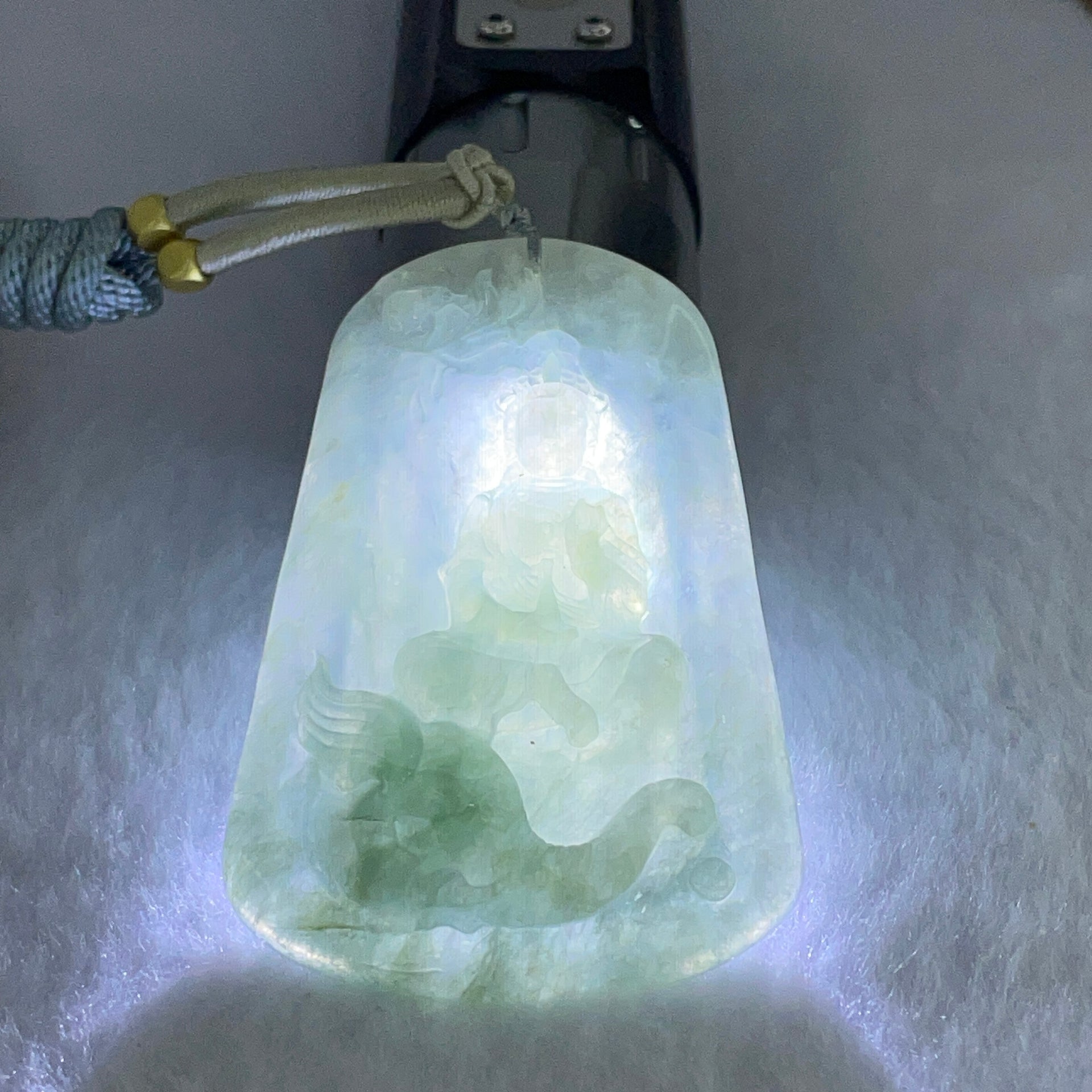 Type A Semi Icy Blueish Green Jadeite Guan Yin With Elephant and Flower Samantha Bodhisattva Pendant 31.38g 58.4 by 38.8 by 7.2mm - Huangs Jadeite and Jewelry Pte Ltd