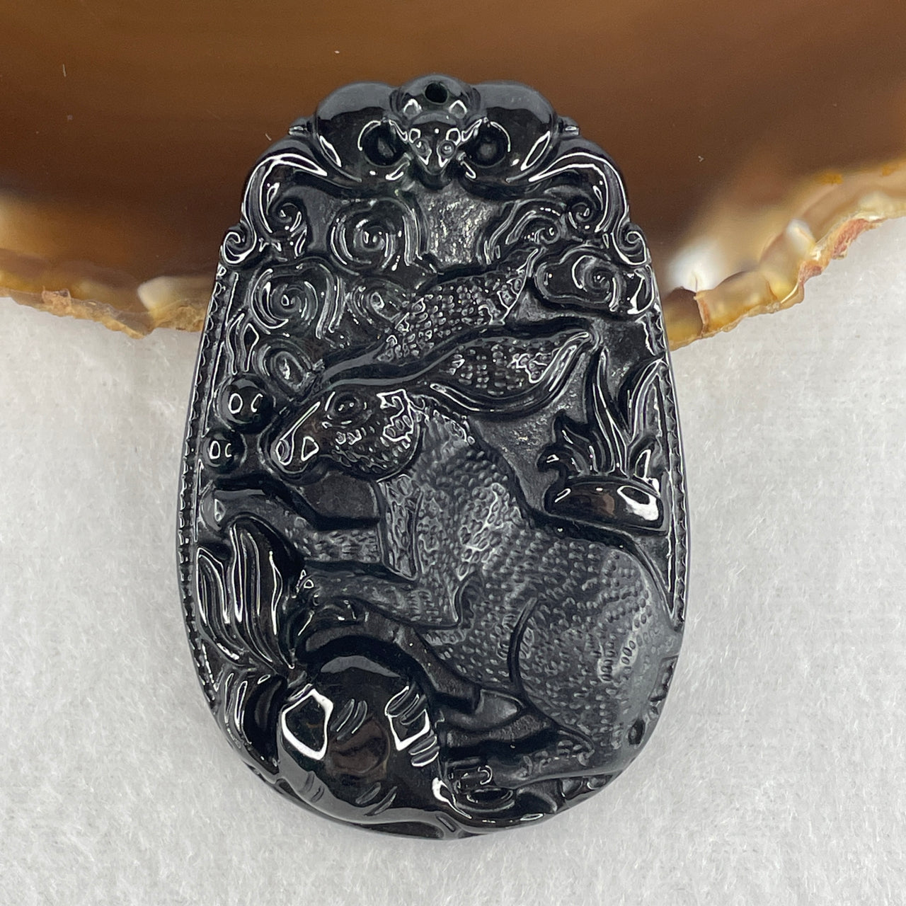 Certified Type A Opaque Black Omphacite Jadeite Rabbit with Bat & Carrot Pendant | Prosperity, Swift Fortune & Rabbit Zodiac Protection Talisman (23.79g | 58.3 x 39.5 x 9.2mm)
