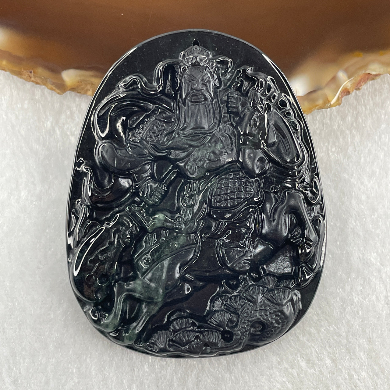 Type A Opaque to Partial Translucent Black Omphacite Jadeite Guan Gong on Champion Stallion Pendant 30.62g 59.5 by 47.3 by 7.5mm - Huangs Jadeite and Jewelry Pte Ltd