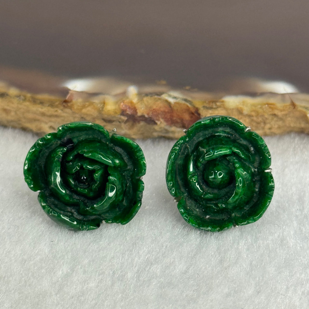 Type A Full Green Old Mine Jade Jadeite Rose 18k White Gold Earrings 6.6g 17.5 by 16.1 by 7.9mm - Huangs Jadeite and Jewelry Pte Ltd