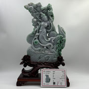 Type A Lavender and Green with Spicy Green Spots 仙女 with Wooden Stand Display Piece 3.38kg Dimensions with Stand 43 by 27 by 10cm Jadeite Dimensions 31 by 22 by 3cm - Huangs Jadeite and Jewelry Pte Ltd