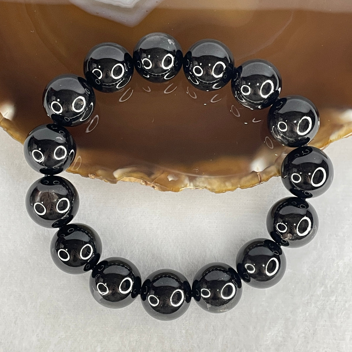 Certified Good Grade Natural Black Hypersthene Enstatite Beads Bracelet | 18cm Master Executive Strand of 15 Matched 15.4mm Statement Beads (89.40g | Metallic Silver Schiller Sheen | "Velvet Labradorite" Shielding & Laser Focus)