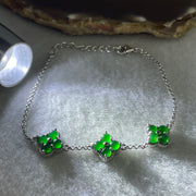 Natural Type A Omphacite Spicy Green Jadeite Cabochon 4-Leaf Clover in S925 Silver Bracelet | (4.34g | 15–18cm | 3.6 x 1.5mm x 12 Pcs | "Sì Yè Cǎo" Ultimate Good Luck Anchor, Feng Shui Prosperity Strand) - Huangs Jadeite and Jewelry Pte Ltd