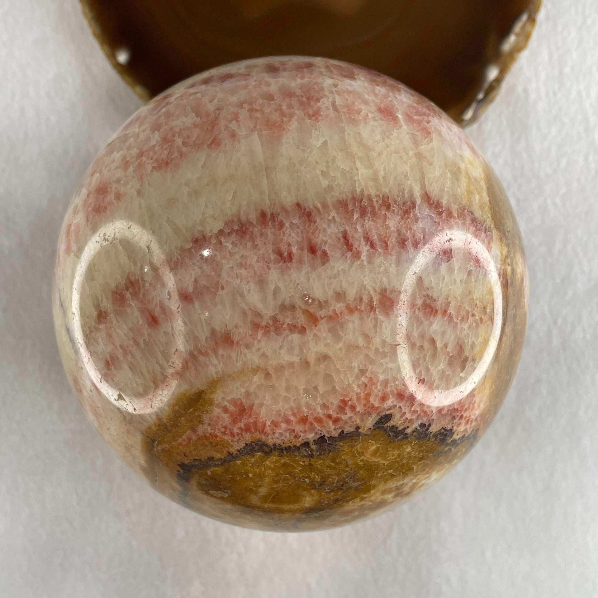 Natural Pink Brown Calcite Sphere Ball with Wooden Stand Display 2,818.4g 122.0 by 170.0mm - Huangs Jadeite and Jewelry Pte Ltd